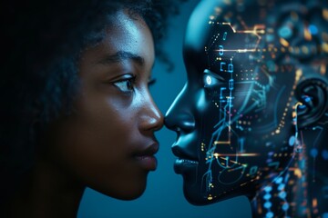 Black woman and an AI head face to face, digital data flowing between them, symbolizing the fusion of human intelligence with artificial intelligence. Human vs Machine
