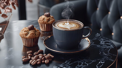 Cozy coffee cup with cupcakes and coffee beans on marble table  