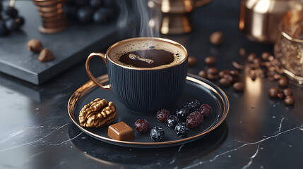 Black coffee cup with chocolates and nuts on a dark marble table  