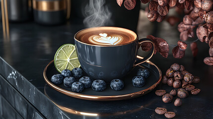 Coffee cup with latte art served with blueberries and lime  