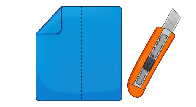 Isolated Blue Paper Sheet with Dashed Line and Orange Cutter