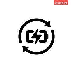 Single black battery recharge line icon, simple charging power cycle flat design pictogram vector for app ads web banner button ui interface elements isolated on white background