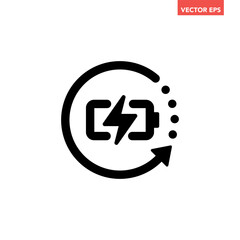 Single black battery recharge line icon, simple charging power cycle flat design pictogram vector for app ads web banner button ui interface elements isolated on white background
