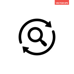 Black single magnifying glass sync line icon, simple repeat search flat design vector pictogram, infographic vector for app logo web button banner ui ux interface elements isolated on white background