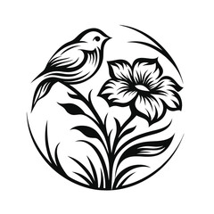 Bird and Flower Circle Design, Minimalist Black Illustration, NatureInspired Pattern Art