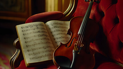 Fototapeta premium Elegant violin rests on a plush chair next to an open music book, inviting a moment of musical serenity and artistic inspiration.