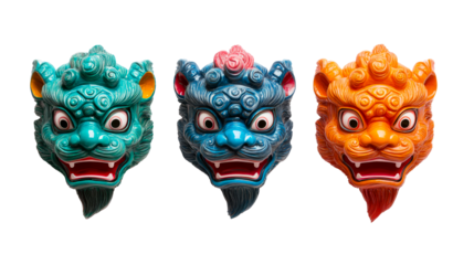 Three vibrant Fu Dog head masks, colorful and ornate, cut out transparent