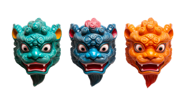 Three vibrant Fu Dog head masks, colorful and ornate, cut out transparent