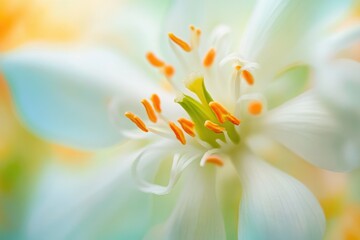 Close-up of a delicate white flower with vibrant orange stamens, showcasing soft pastel colors and blurred background.