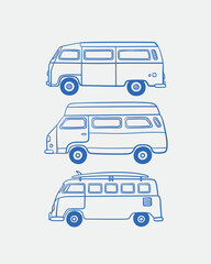 Hand-drawn van Illustrations. Line art, ink, minimalist style. Vector illustration. Summer collection.