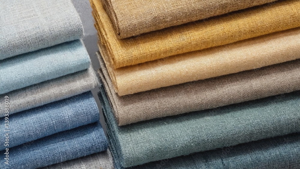 Poster stacked linen fabrics with different colors, possibly for storage or display