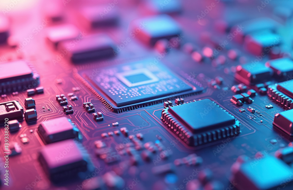 Poster close-up view of circuit board with microchips. electronic components, integrated circuits. tech bac