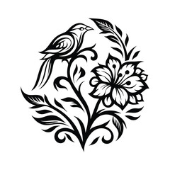 Bird and Flower Ornament, Black and White Silhouette, Floral, Round, Leafy, Botanical