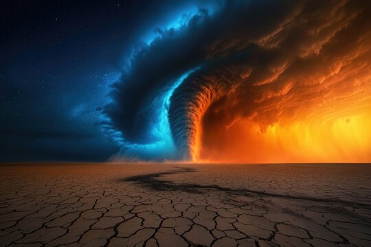 A swirling vortex of fire and ice descends upon a cracked, arid desert under a starlit sky.