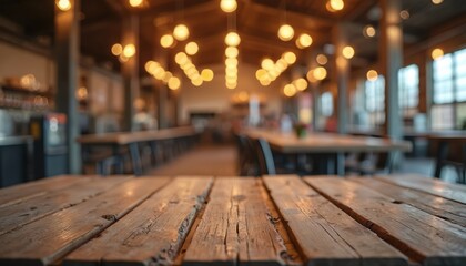 Rustic wooden table foreground. Blurred industrial warehouse interior with warm, glowing lights, creating cozy ambiance. Vintage brewery taproom, empty space for product placement event. Evening,