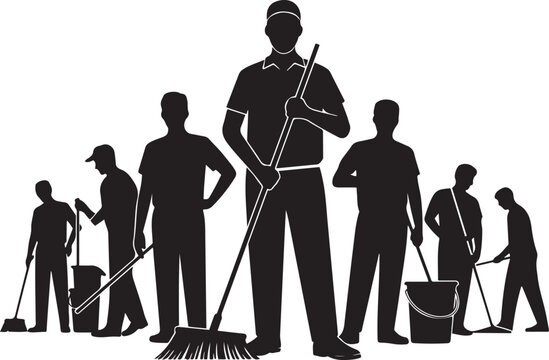 Silhouette of a Cleaning Crew at Work