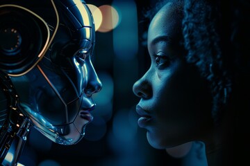 Black woman and an AI head face to face, digital data flowing between them, symbolizing the fusion of human intelligence with artificial intelligence. Human vs Machine