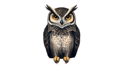 Realistic illustration of an owl with golden eyes, portrait, cut out transparent