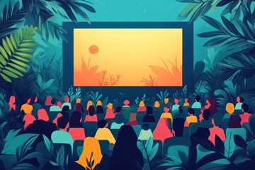 Outdoor cinema, audience watching film, lush jungle backdrop, movie night