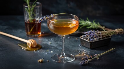 Fototapeta premium The cocktail is pale golden in color, decorated with a tiny sprig of lavender on a dark background. Honey is slowly draining away, and dried lavender buds are lying nearby.
