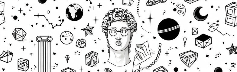 Black and white graphic banner combining Greek mythology, philosophy, and cosmic scientific elements. Hand-drawn surreal illustration with ancient culture and astronomy symbols for modern design.