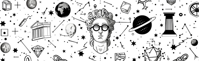 Black and white graphic banner combining Greek mythology, philosophy, and cosmic scientific elements. Hand-drawn surreal illustration with ancient culture and astronomy symbols for modern design.