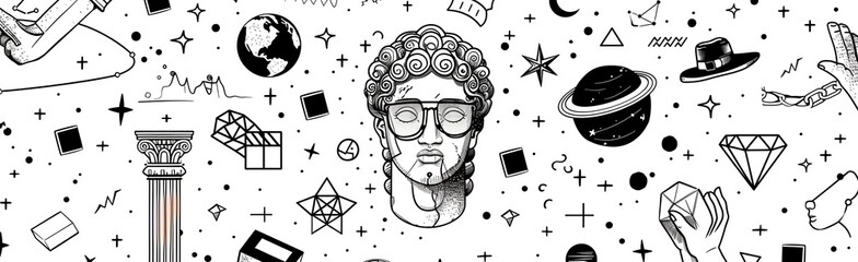 Black and white graphic banner combining Greek mythology, philosophy, and cosmic scientific elements. Hand-drawn surreal illustration with ancient culture and astronomy symbols for modern design.