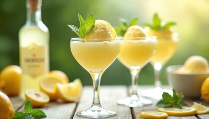 Fototapeta premium Limoncello sorbet served in elegant glasses. Lemon ice cream scoops on top, fresh lemons mint leaves on table near bottle of limoncello liqueur. Refreshing summer dessert.