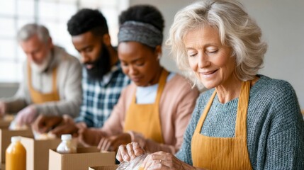 Obraz premium Volunteers assemble food parcels, demonstrating compassion and camaraderie within their community.