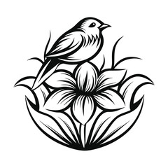 Elegant Black Silhouette of Bird Sitting on Flower, Floral Decoration, White Background