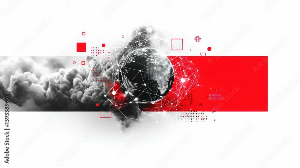 Poster an artistic representation of a global digital network with abstract cloud formations and geometric 