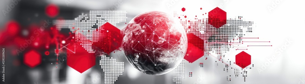 Aufkleber a digitally rendered planet with connection lines, hexagonal shapes, and data streams.