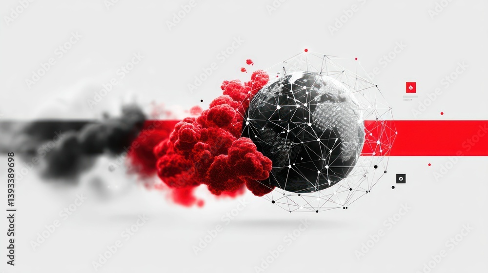 Poster a conceptual art piece showing the earth connected by a network with abstract red cloud forms.