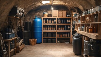 Rustic, underground storage room with various containers and shelves