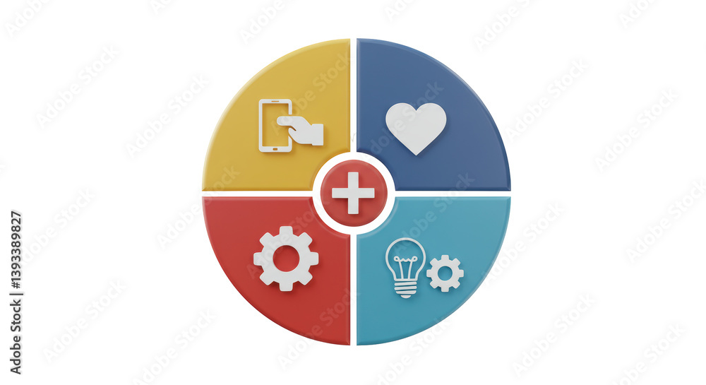 Poster isolated abstract 3d illustration featuring a four-quadrant circular diagram with icons of touchscre