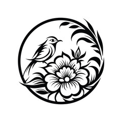 Bird Perched on Flower with Leaves, Floral Motif, Black and White Silhouette Design