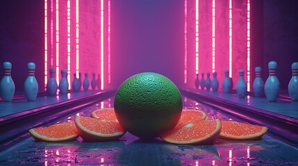 Citrus fruit on bowling alley. Neon glow