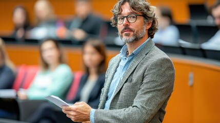 Fototapeta premium Speaker presents to audience in a theater with orange seats and blurry attendees