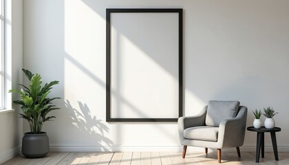 Blank black poster frame mockup on white wall. Interior home decor with armchair side table and plants. Sunlight and shadows create cozy atmosphere for product showcase or art print display.