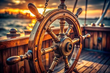 Wooden Ship Wheel at Sunset, Nautical Theme, Maritime Adventure, Calm Waters, and Golden Light.