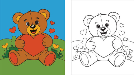 Obraz premium Teddy Bear Holding Heart Coloring Page for Kids