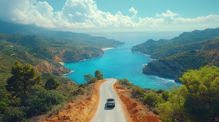 Obraz premium Coastal Road Trip Adventure: A winding road snakes along a breathtaking coastline, inviting a journey of exploration and discovery. The turquoise sea shimmers under the vast expanse of sky.