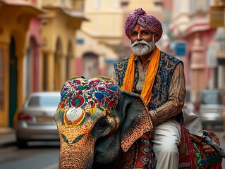Naklejka premium An older man dressed in vibrant attire rides an elephant