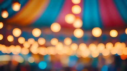 A colorful blurred image showing lights and a striped tent top