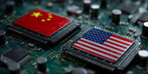 American and Chinese flags on circuit boards, symbolizing tech rivalry and tariffs
