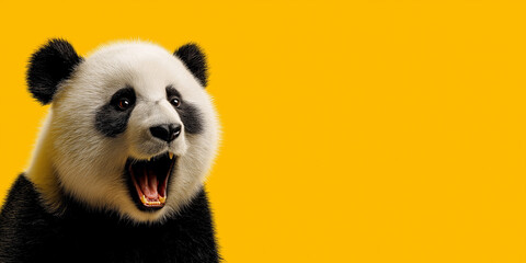 Obraz premium Cheerful panda with open mouth on yellow