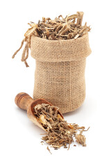 Close-up of Dry Organic Canna Lily (Canna) flowers and stems, in a jute bag and on a scoop, Isolated on a white background.