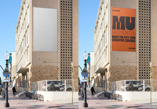 Canvas on Building Facade. PSD mockup