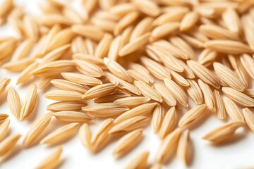 Obraz premium A top-down view of raw rice grains scattered evenly, showcasing individual grain clarity and organic imperfections, ultra-HD, isolated on solid white background.