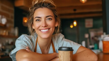 A radiant barista smiles while leaning on a cafe counter, ready to serve a customer their coffee.